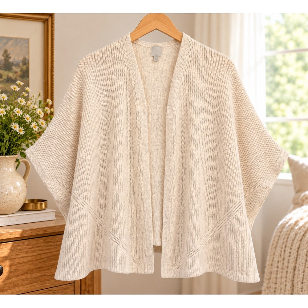 Halogen Women Cream Beige Ribbed Knit Open Front Poncho Cardigan Sweater OS